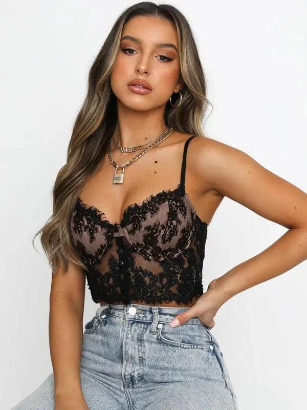 Lace bralette worn under an open blazer for a polished office-edge look