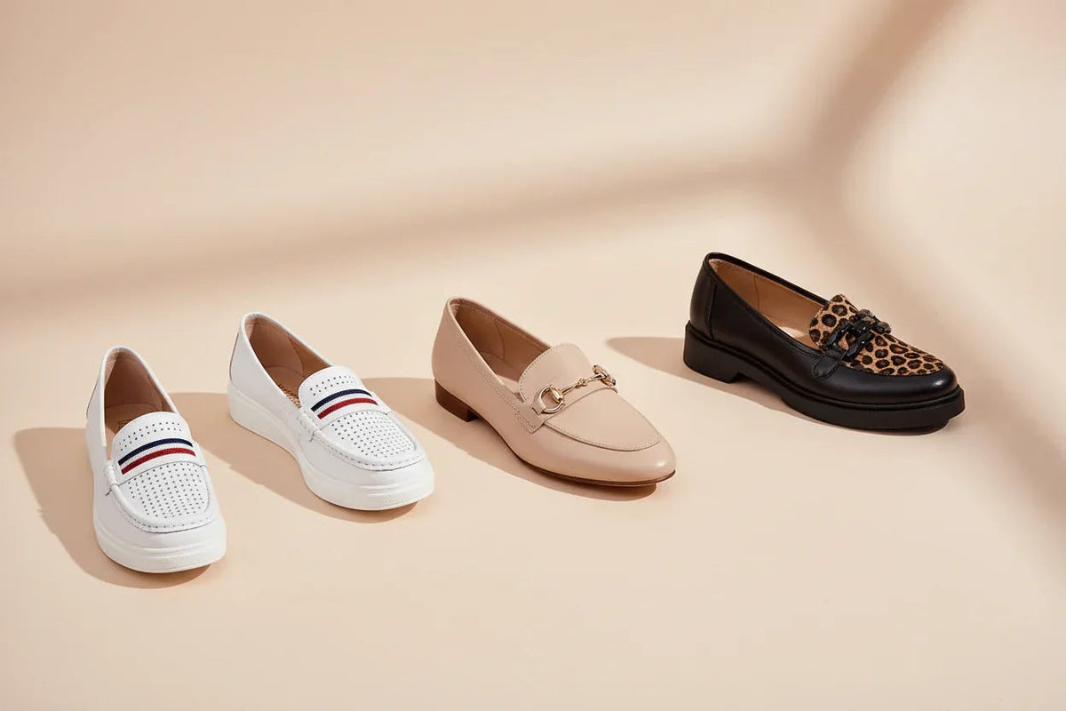 Flat shoes including flat loafers and moccasin-style flats