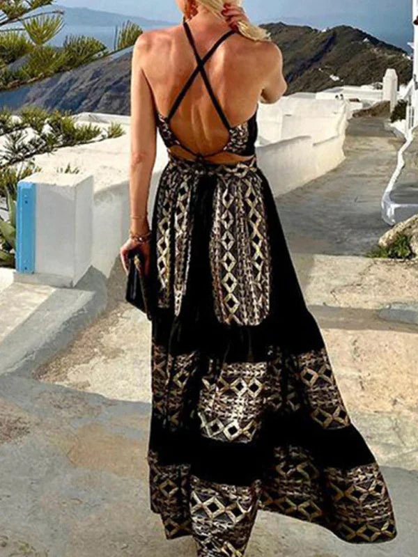 Boho Geometric Halter Chiffon Maxi Dress