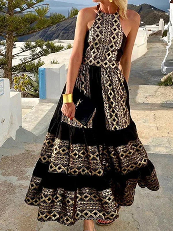 Boho Geometric Halter Chiffon Maxi Dress fashion image