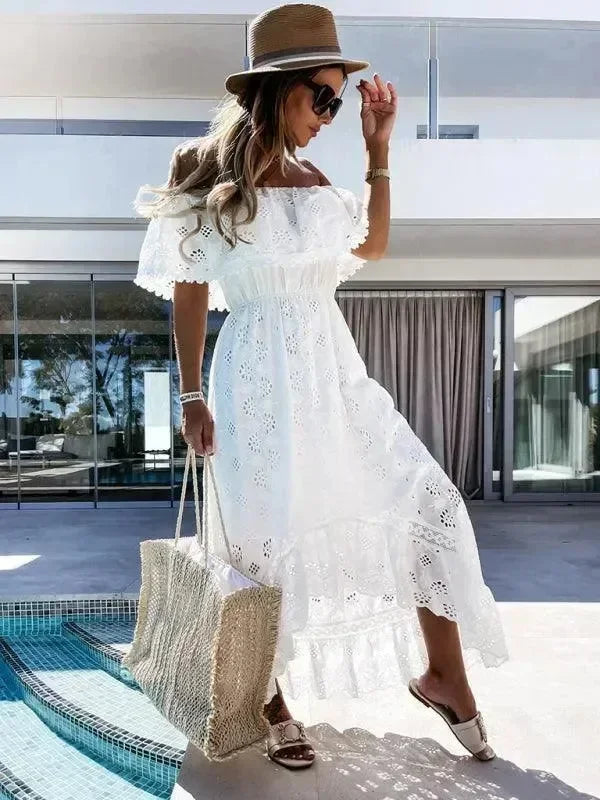 Boho White Lace Asymmetric Maxi Dress
