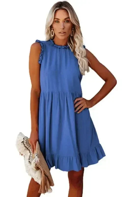 Casual Blue Halter Cotton Mini Dress