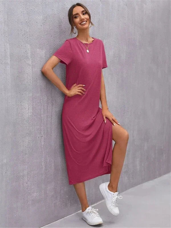 Casual Pink Cotton Shift Midi Dress