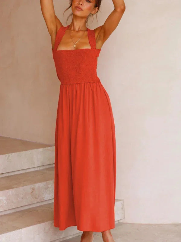 Casual Red Cotton A-Line Midi Dress