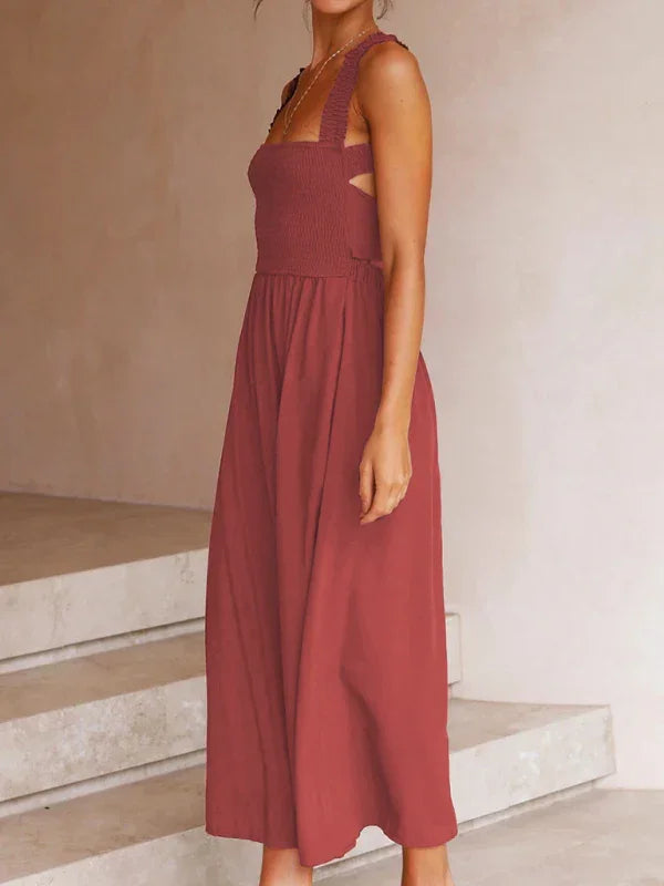 Casual Red Cotton A-Line Midi Dress