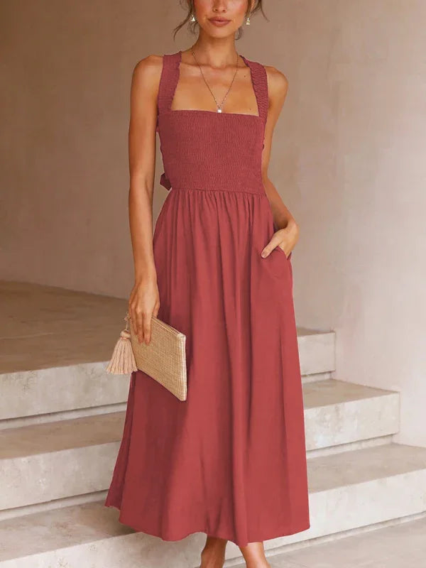 Casual Red Cotton A-Line Midi Dress