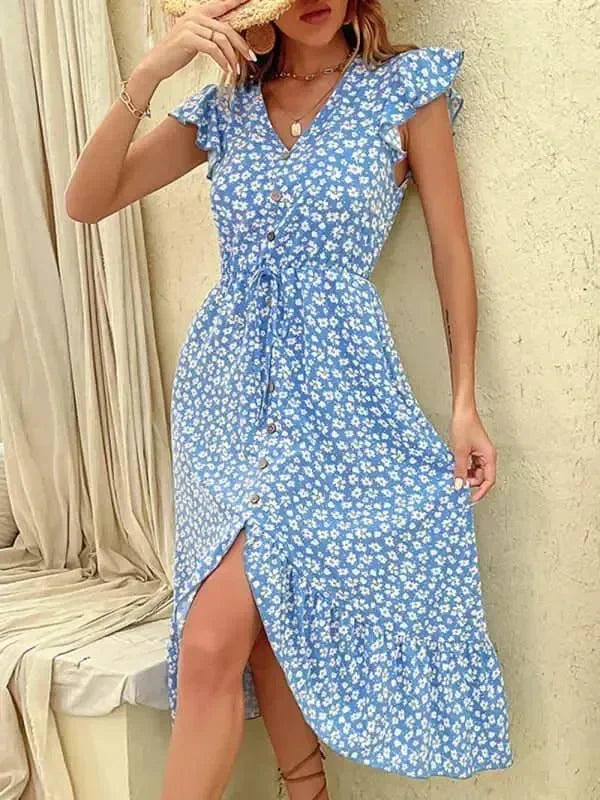 Chic Floral Chiffon Button Midi Dress