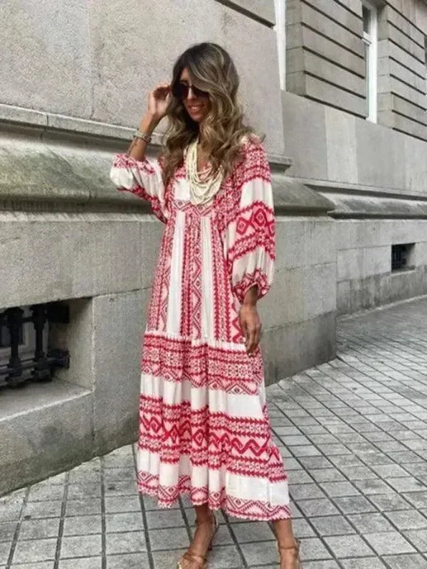 Chic Geometric Cotton Tiered Maxi Dress