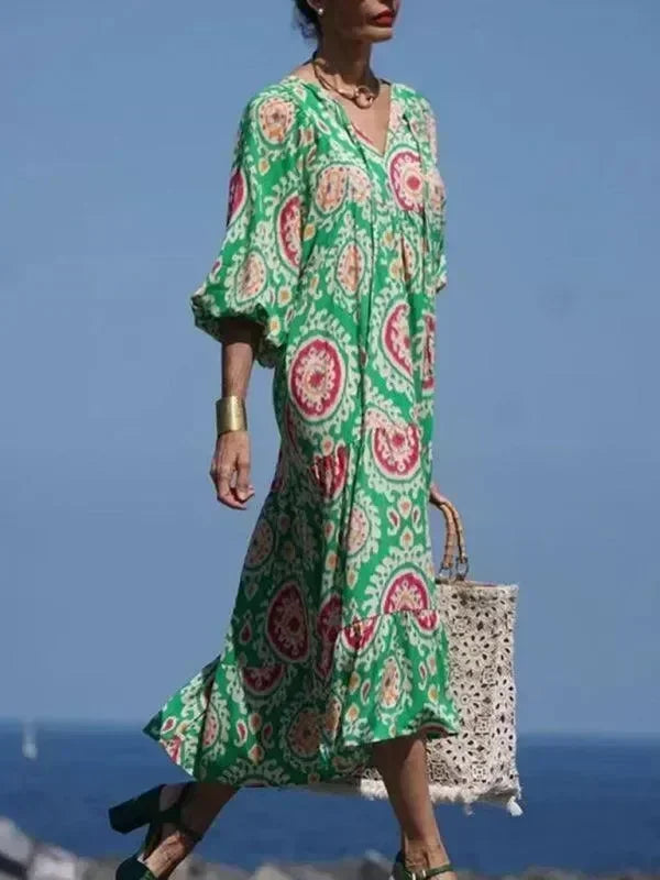 Chic Geometric Cotton Tiered Maxi Dress