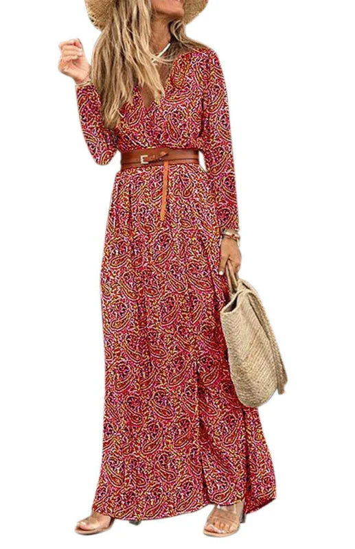 Chic Red Floral Wrap Maxi Dress