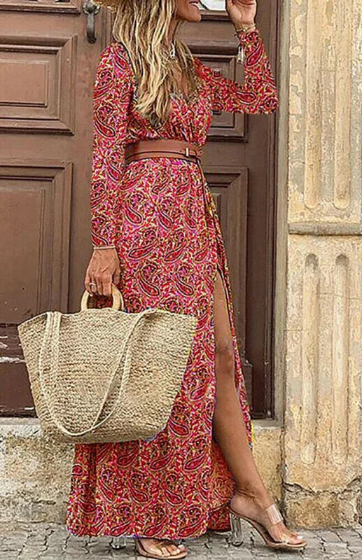 Chic Red Floral Wrap Maxi Dress