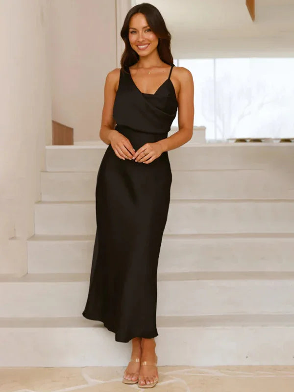 Chic Satin Cowl Neck Midi Dress