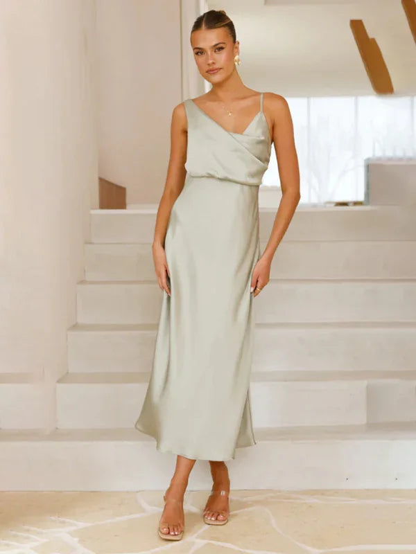 Chic Satin Cowl Neck Midi Dress