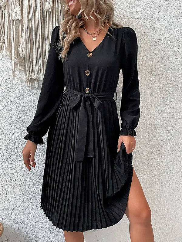 Elegant Black Pleated Office Midi Dress