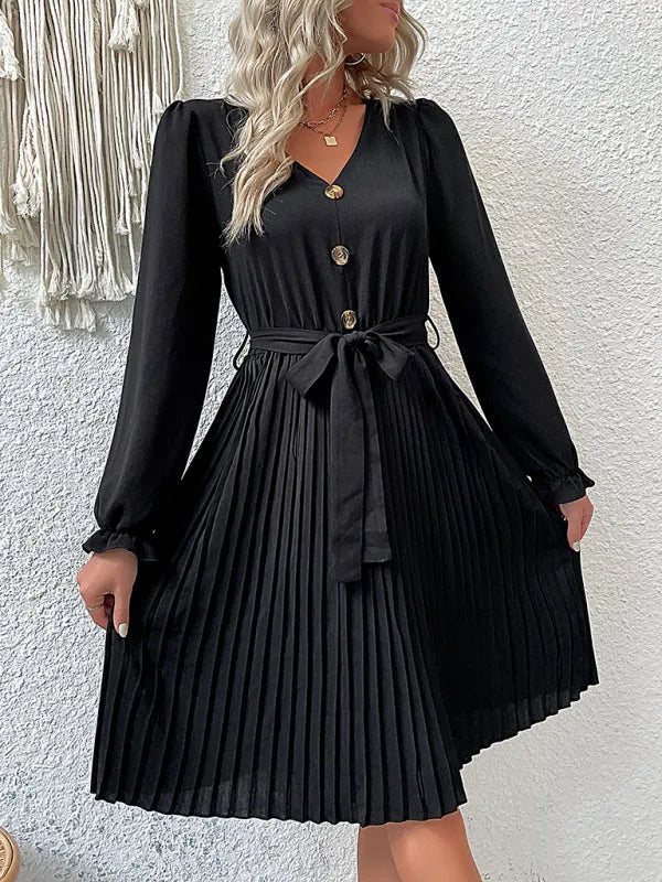 Elegant Black Pleated Office Midi Dress