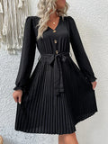 Elegant Black Pleated Office Midi Dress