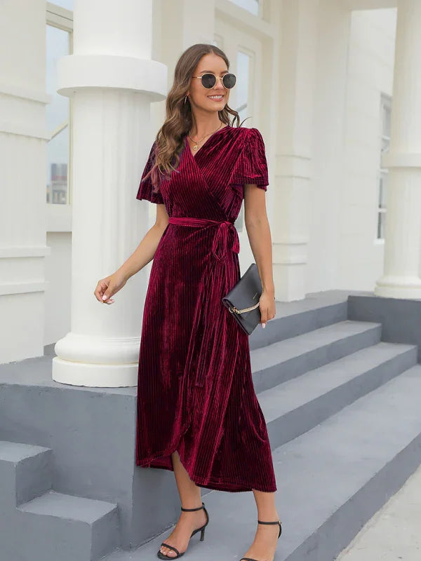 Elegant Brown Velvet Wrap Maxi Dress