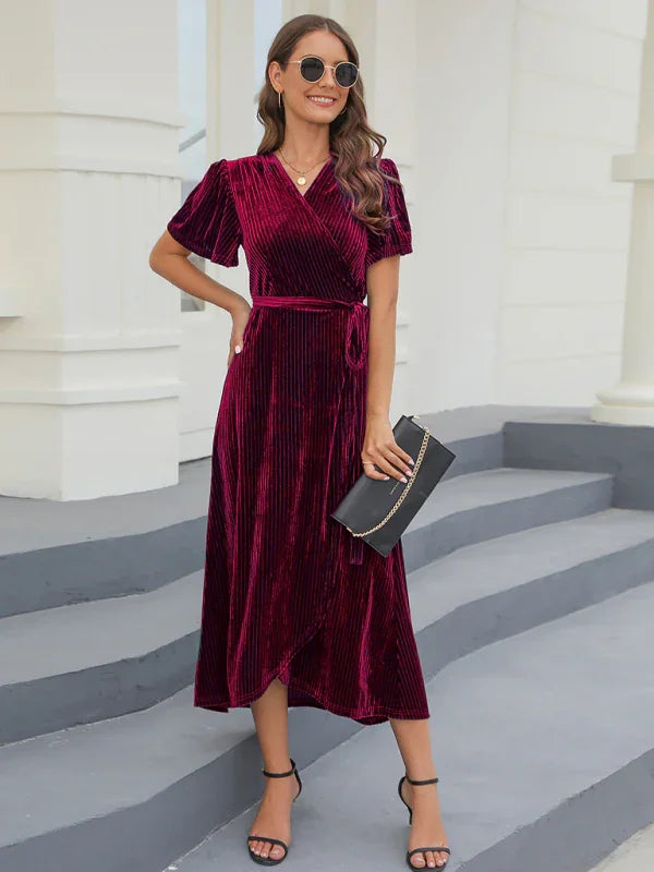 Elegant Brown Velvet Wrap Maxi Dress