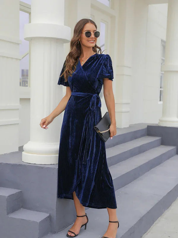 Elegant Brown Velvet Wrap Maxi Dress