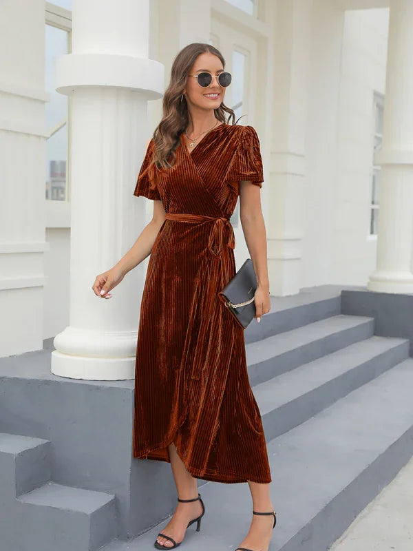 Elegant Brown Velvet Wrap Maxi Dress