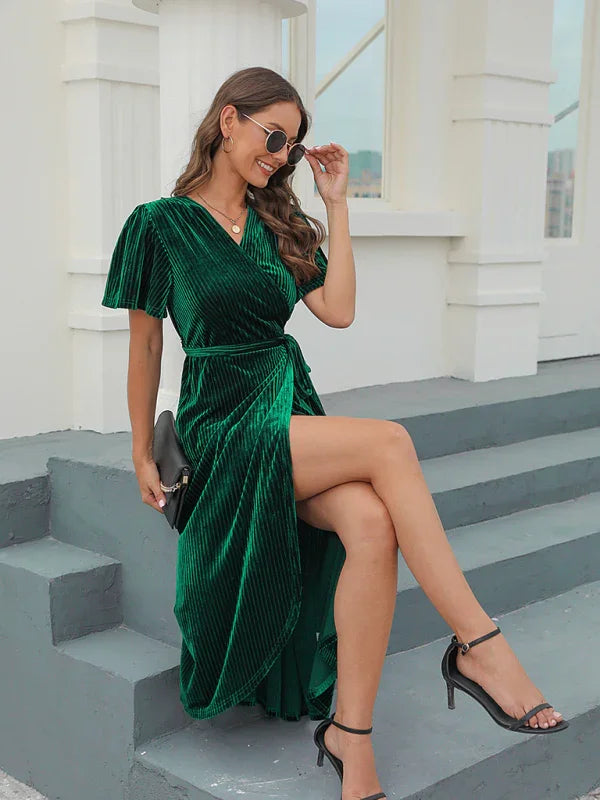 Elegant Brown Velvet Wrap Maxi Dress