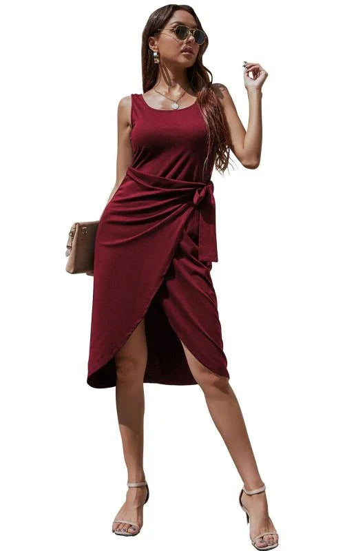 Elegant Burgundy Wrap Midi Dress