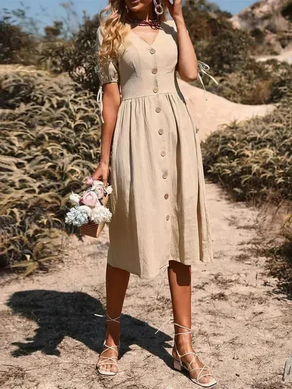 Elegant Cotton Button Front Midi Dress