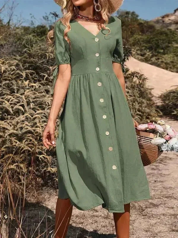 Elegant Cotton Button Front Midi Dress