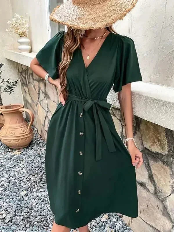 Elegant Cotton Button Front Midi Dress
