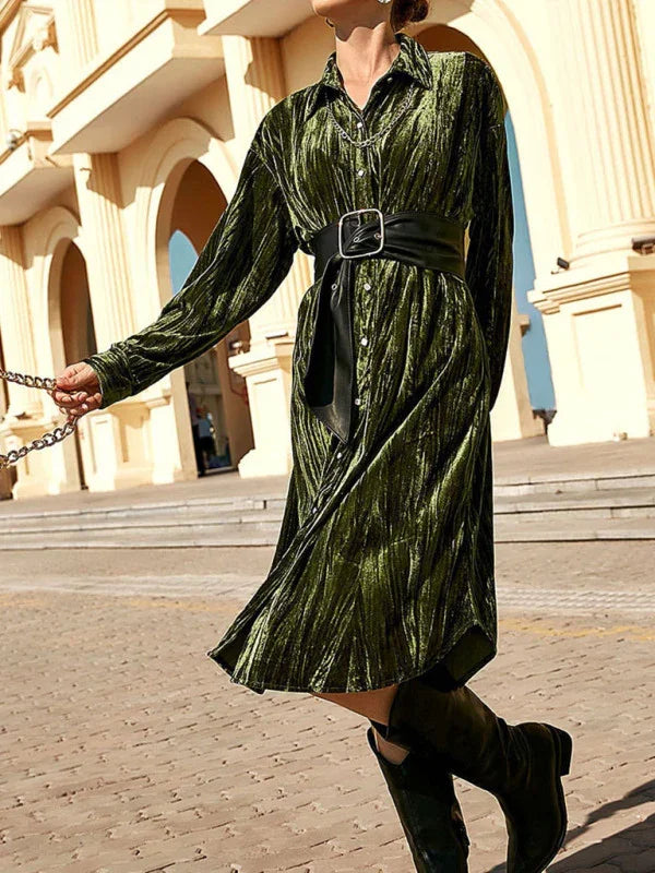 Elegant Green Velvet Shirt Midi Dress