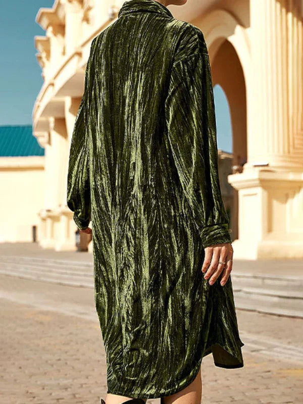 Elegant Green Velvet Shirt Midi Dress