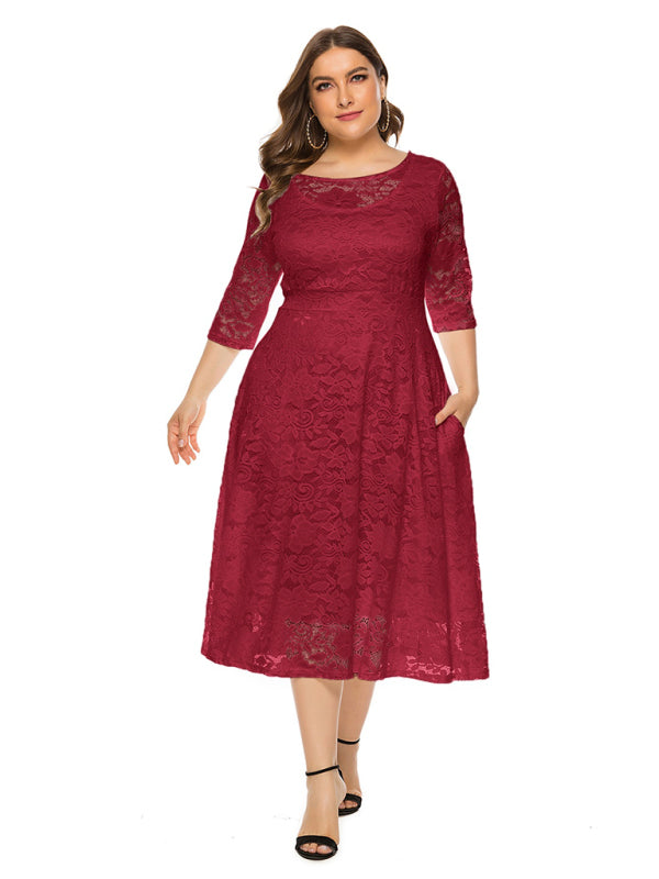Elegant Lace Round Neck Midi Dress