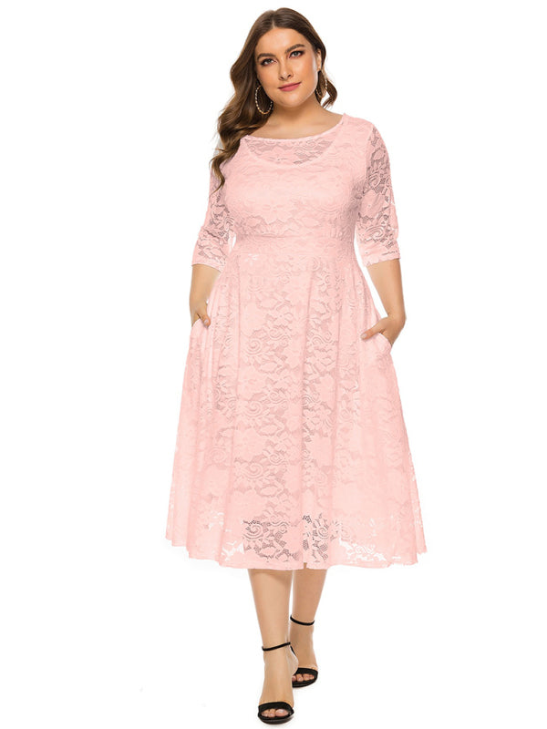 Elegant Lace Round Neck Midi Dress