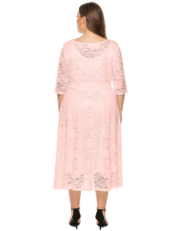 Elegant Lace Round Neck Midi Dress