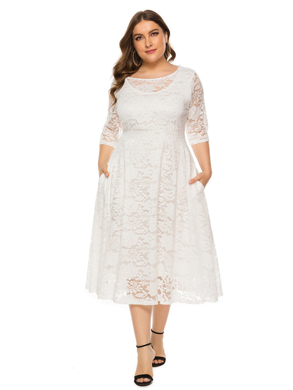 Elegant Lace Round Neck Midi Dress