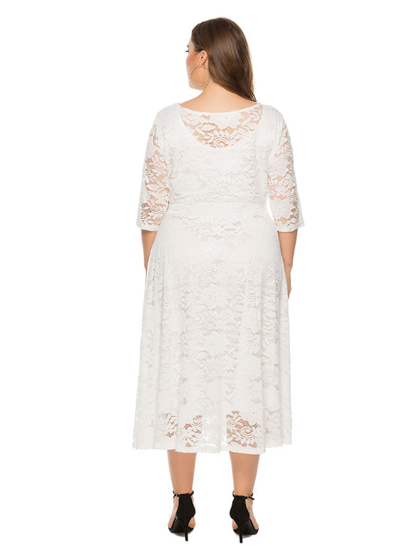 Elegant Lace Round Neck Midi Dress