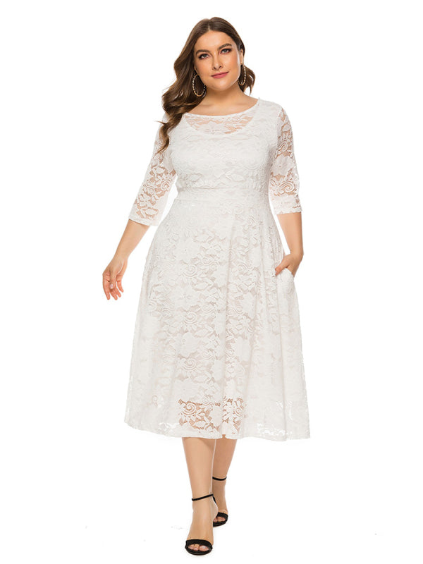 Elegant Lace Round Neck Midi Dress