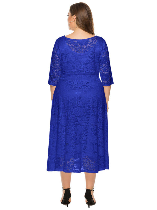 Elegant Lace Round Neck Midi Dress