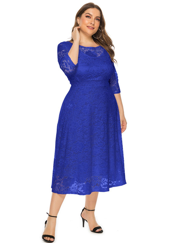 Elegant Lace Round Neck Midi Dress