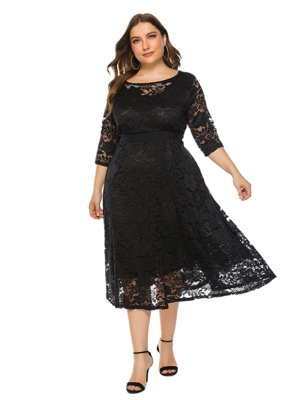 Elegant Lace Round Neck Midi Dress