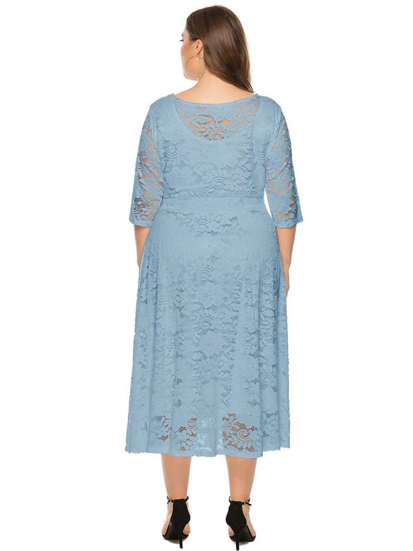 Elegant Lace Round Neck Midi Dress