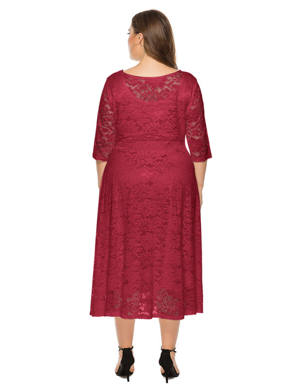 Elegant Lace Round Neck Midi Dress