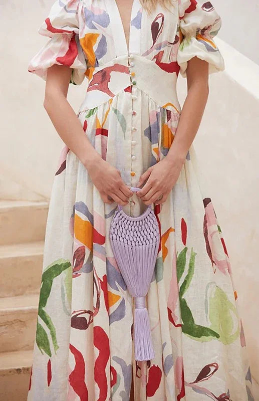 Elegant Multicolor Chiffon Button Midi Dress