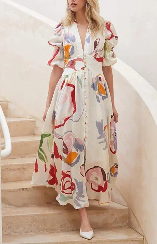 Elegant Multicolor Chiffon Button Midi Dress