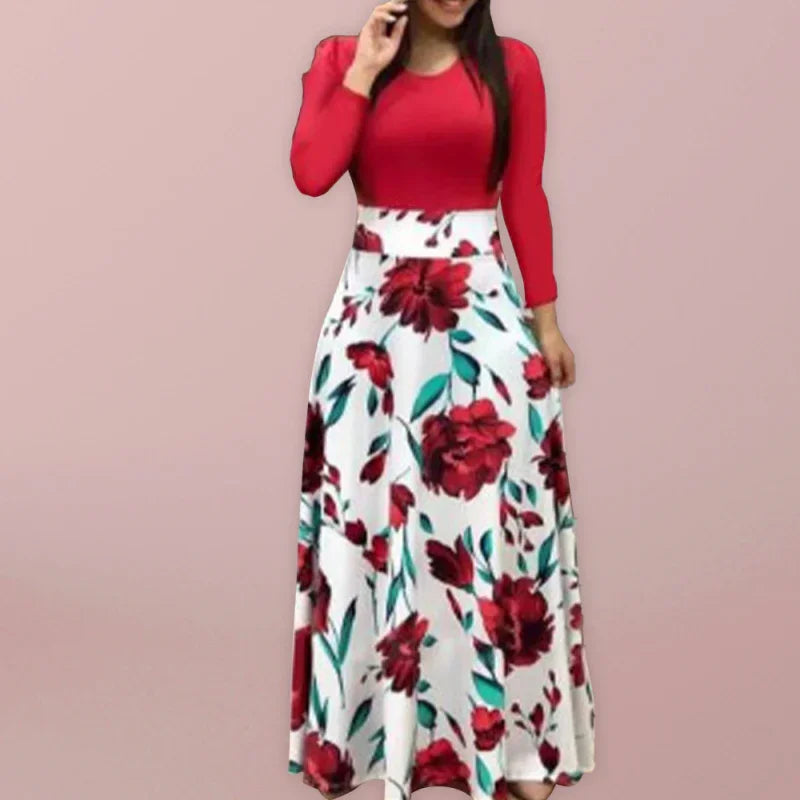 Elegant Red Floral A-Line Maxi Dress