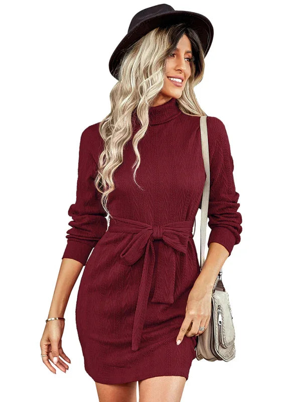 Elegant Red Knit Turtleneck Mini Dress