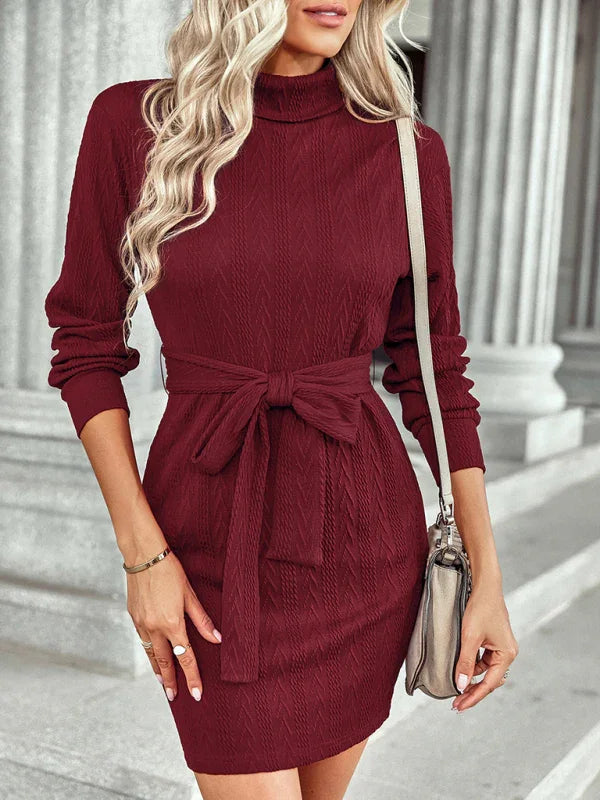 Elegant Red Knit Turtleneck Mini Dress