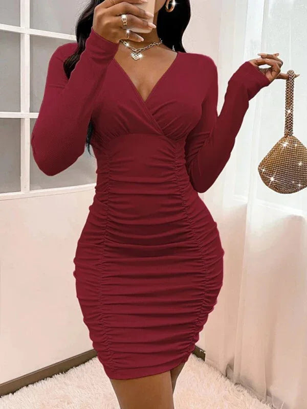Elegant Red Ruched Bodycon Mini Dress