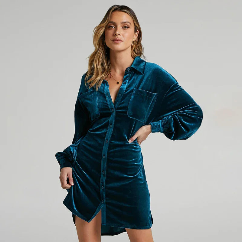 Elegant Velvet Balloon Sleeve Midi Dress