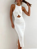 Elegant White Halter Bodycon Midi Dress